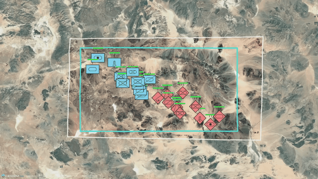 对于MDMP流程中COA（COA是“Course of Action”的缩写，中文通常译为“行动方案”或“作战方案”。）分析步骤的操作兵棋推演以及任务演练，Sandtable Navigator提供了基于Cesium for Unity构建的4D环境。图中为美国加利福尼亚州欧文堡国家训练中心的己方和敌方部队。图片来源：Sandtable。